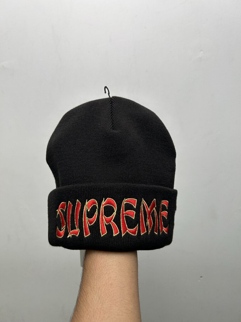 New Supreme Black Red Gold Spellout Logo Beanie