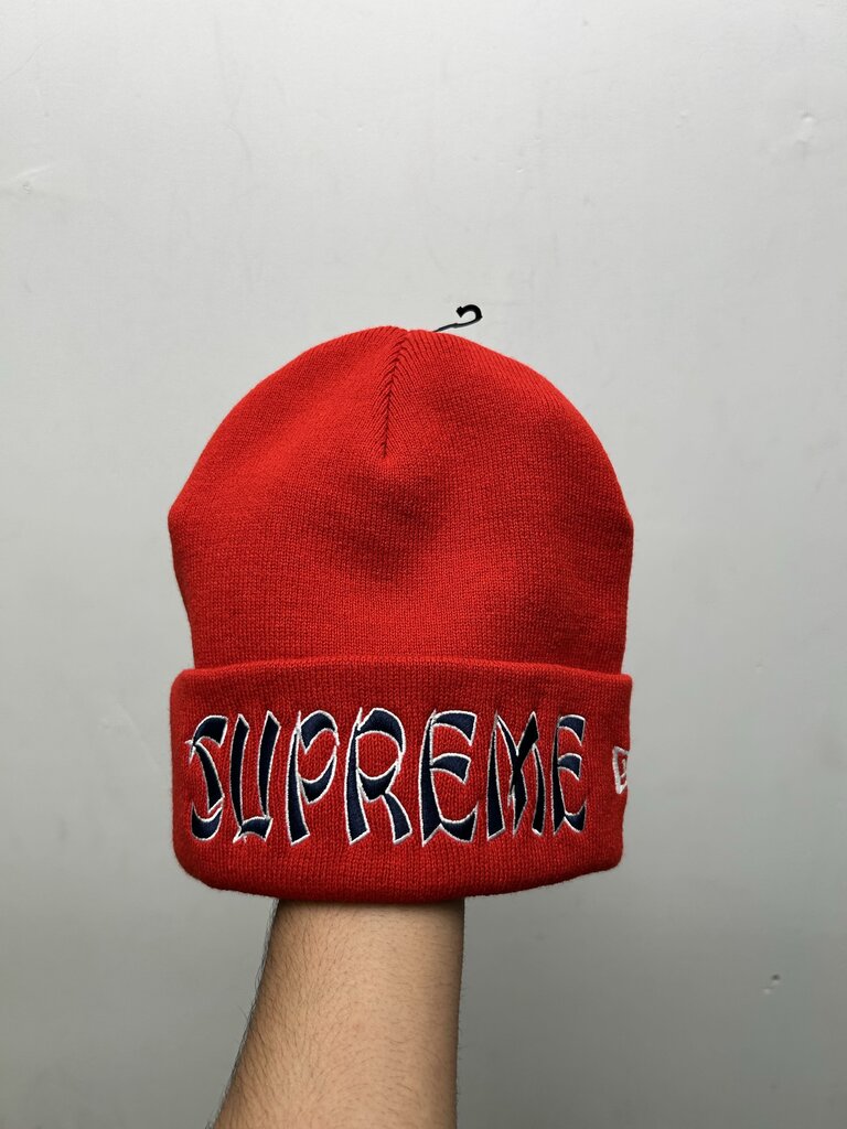 New Supreme Red Navy White Spellout Logo Beanie