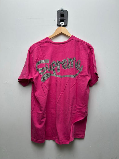 Preowned Supreme Tape Back Logo Pink Tee sz.L