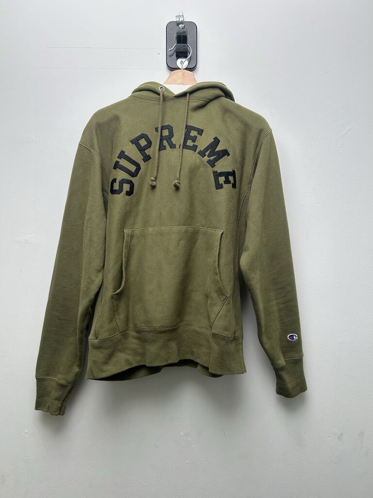 Preowned Supreme Champion Olive Black Spellout Hoodie Sz.Medium