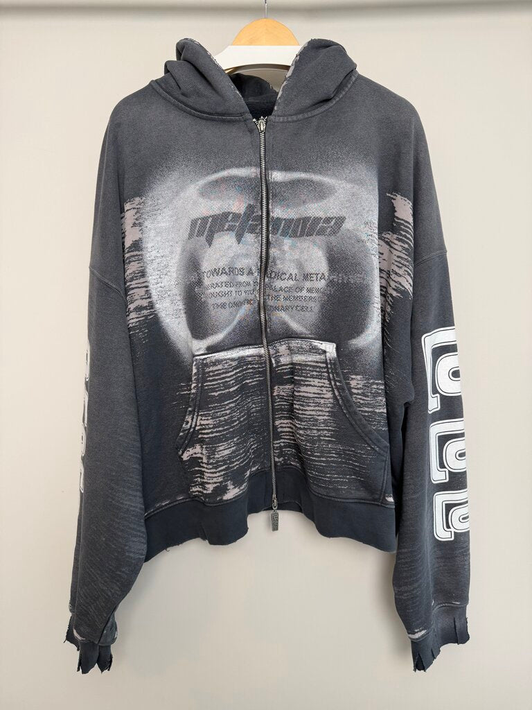New Rivington Roy Grey Distressed Spell Out Zip Hoodie size M(fits M-L)