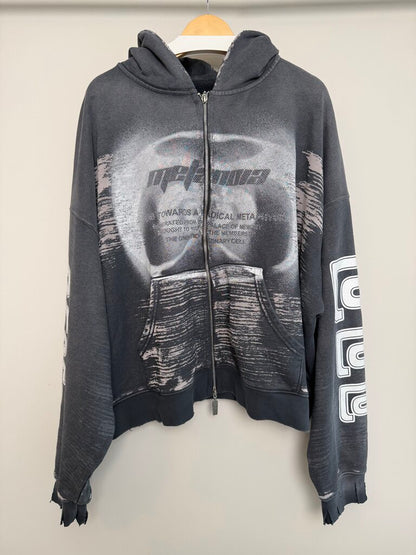 New Rivington Roy Grey Distressed Spell Out Zip Hoodie size L(fits L-XL)