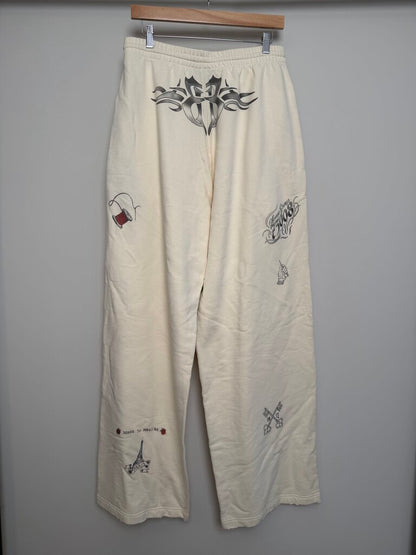 New Balenciaga Cream Tattoo 1917 Logo Sweatpants size S(Fits XL)