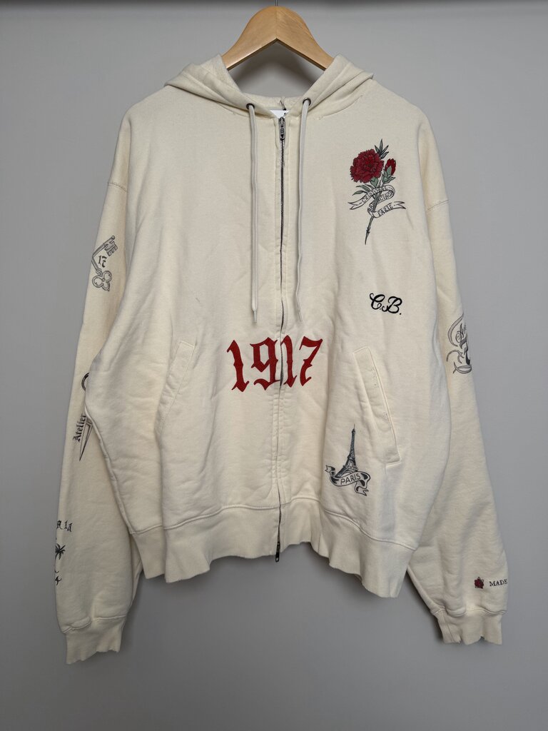 New Balenciaga Cream Tattoo 1917 Zip Hoodie size S(Fits XL)