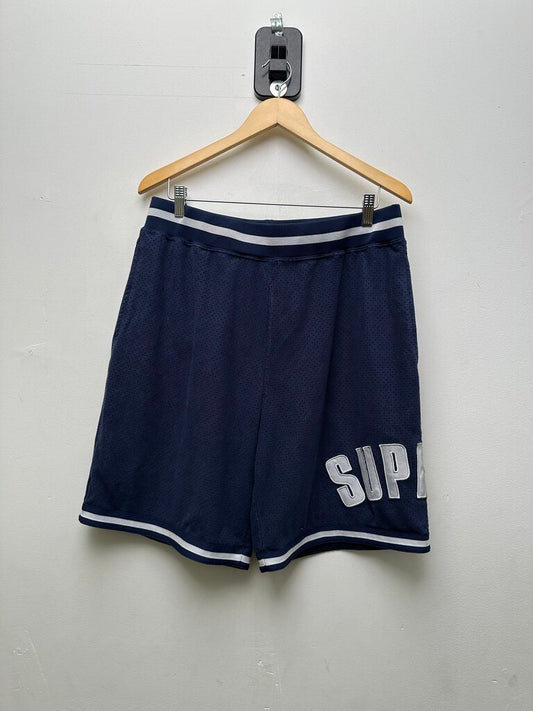 Preowned Supreme Navy Grey Mesh Spellout Shorts Sz.Large
