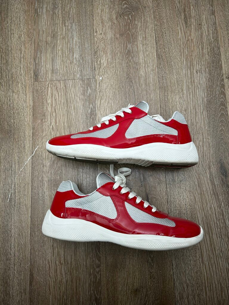 Preowned Prada Americas Cups White Red Silver sz.9.5