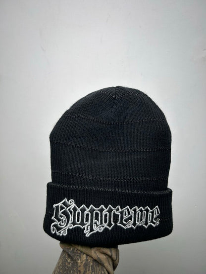 New Supreme Silver Leather Patch Black Beanie