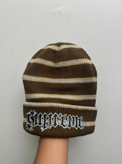 New Supreme Silver Leather Patch Brown Beanie