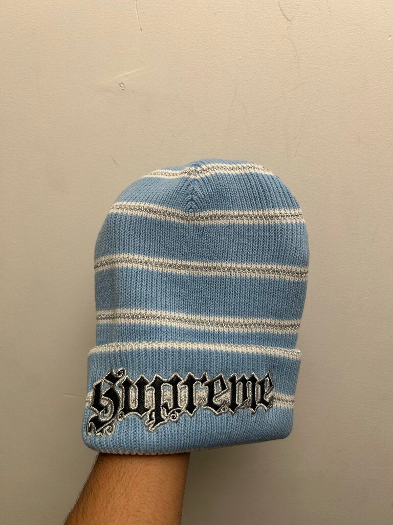 New Supreme Silver Leather Patch Blue Beanie