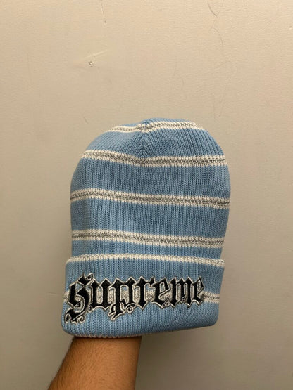 New Supreme Silver Leather Patch Blue Beanie