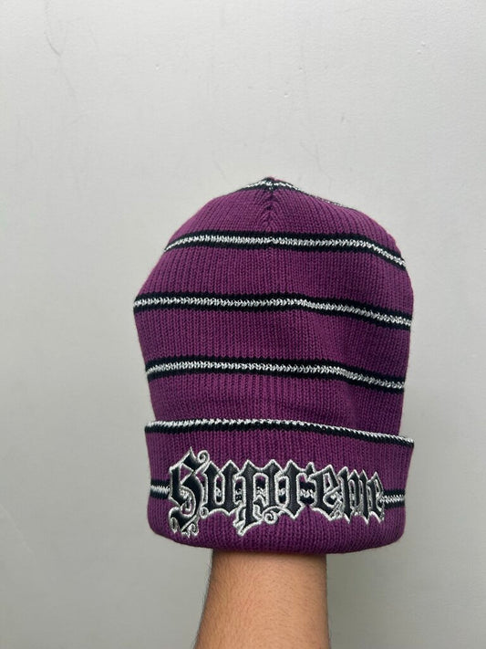 New Supreme Silver Leather Patch Purple Beanie