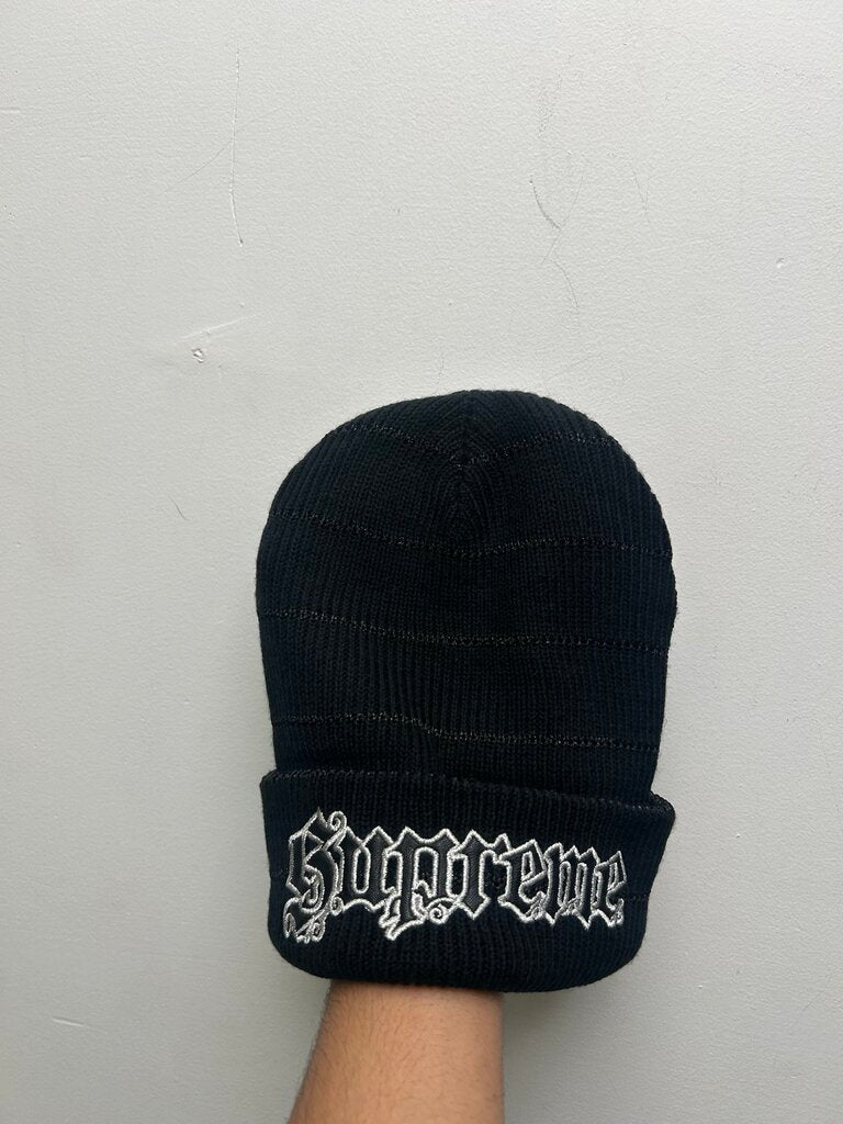 New Supreme Silver Leather Patch Black Beanie