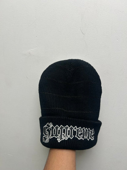 New Supreme Silver Leather Patch Black Beanie