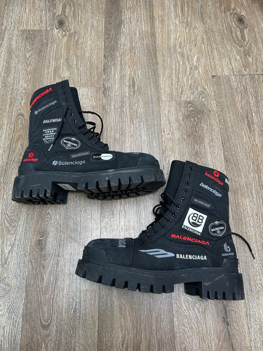 Preowned Balenciaga Canvas Patch Black Strike Boots sz.43