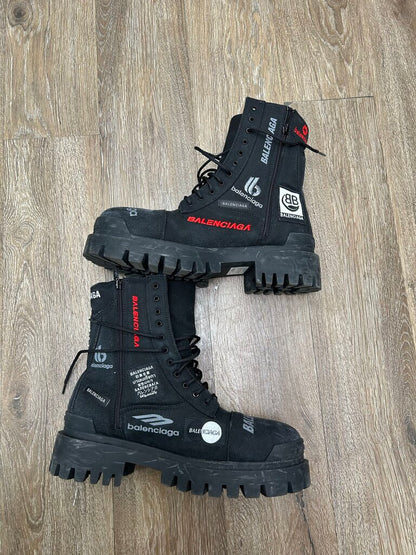 Preowned Balenciaga Canvas Patch Black Strike Boots sz.43