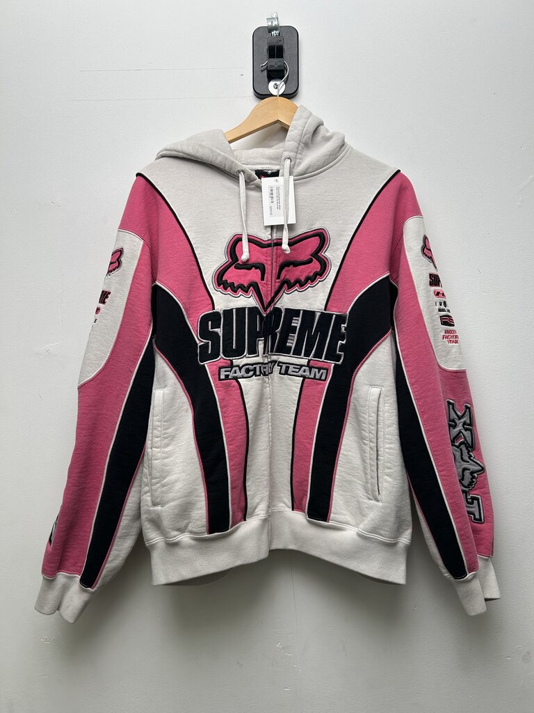 Preowned Supreme White Pink Fox Zip Up Sz.Large