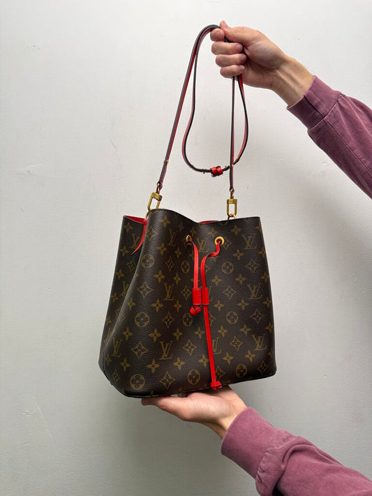 Preowned Louis Vuitton Brown Monogram Red NeoNoe Bucket Bag