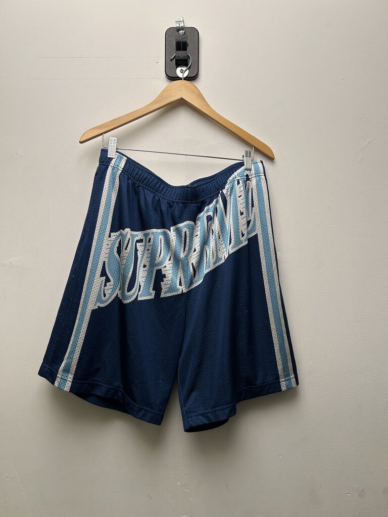 Preowned Supreme Blue White Navy Spellout Mesh Shorts Sz.Large