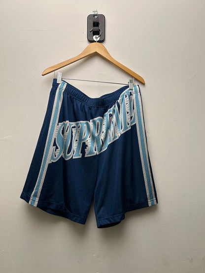 Preowned Supreme Blue White Navy Spellout Mesh Shorts Sz.Large