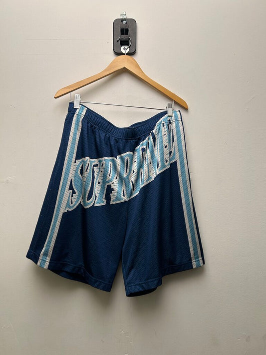 Preowned Supreme Blue White Navy Spellout Mesh Shorts Sz.Large
