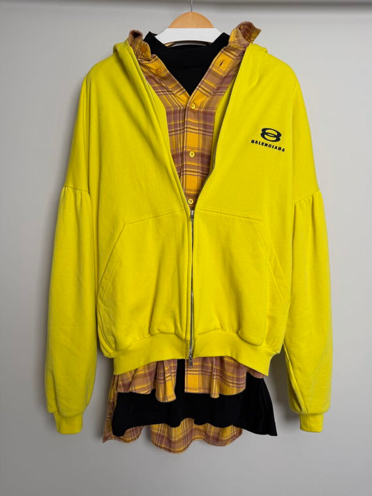 New Balenciaga Multi Layer Yellow Plaid Hoodie Sz. M