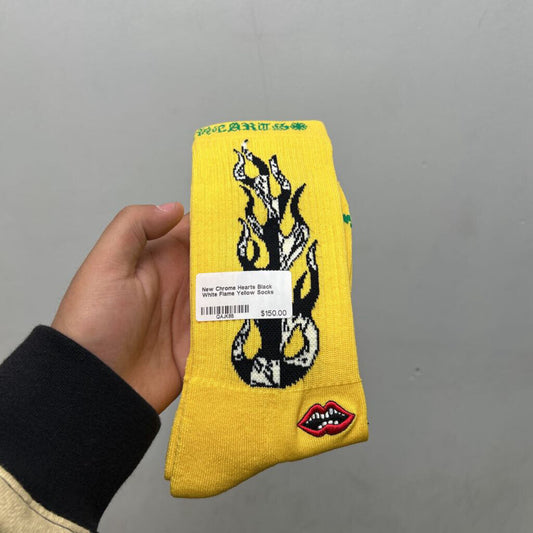 New Chrome Hearts Black White Flame Yellow Socks