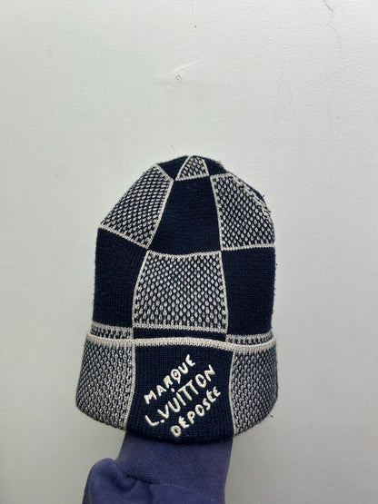 Preowned Louis Vuitton Navy Grey Damier Marque Beanie