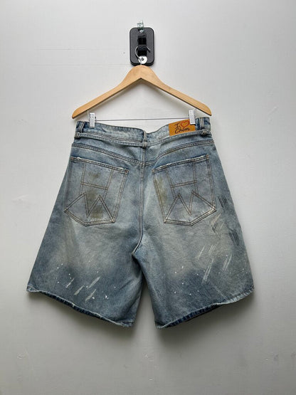 Preowned HMDD White Paint Splatter Blue Denim Shorts sz.XL