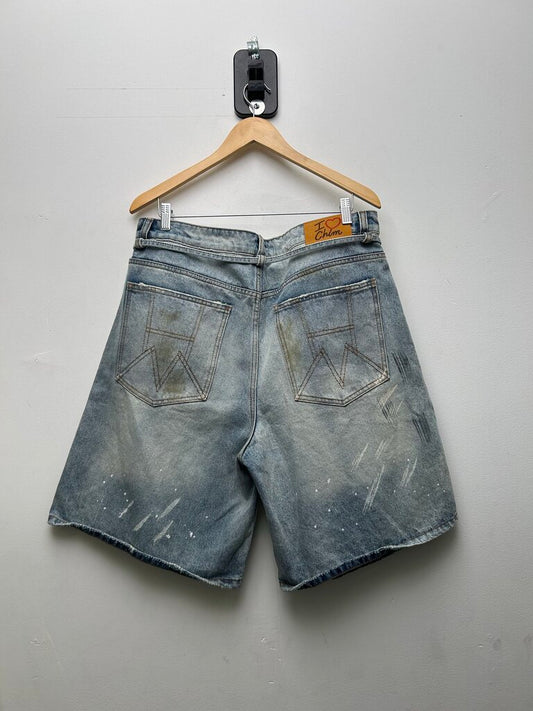 Preowned HMDD White Paint Splatter Blue Denim Shorts sz.XL