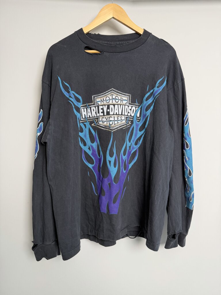Vintage Harley Davidson Blue/Purple Flames Grey L/S Size XL (M/L)