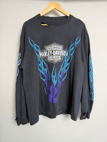 Vintage Harley Davidson Blue/Purple Flames Grey L/S Size XL (M/L)