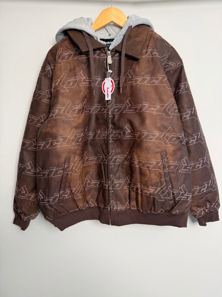 New Sicko Hooded Monogram Brown Leather Jacket size XL