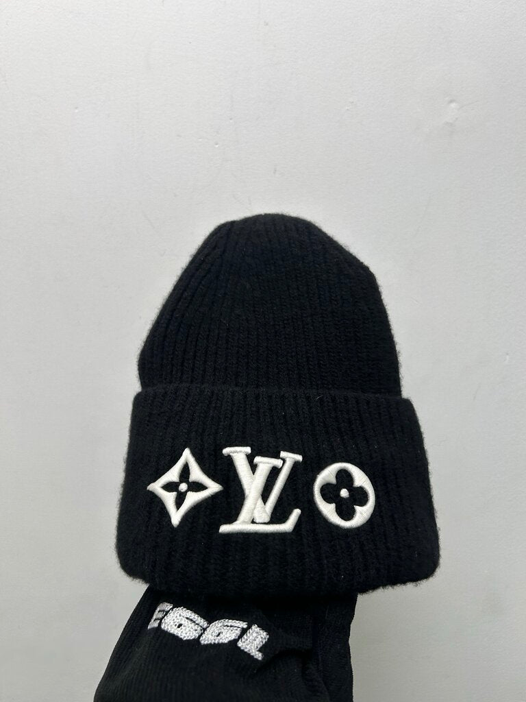 Preowned Louis Vuitton Headline White Logo Wide Rib BLack Beanie