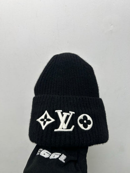 Preowned Louis Vuitton Headline White Logo Wide Rib BLack Beanie