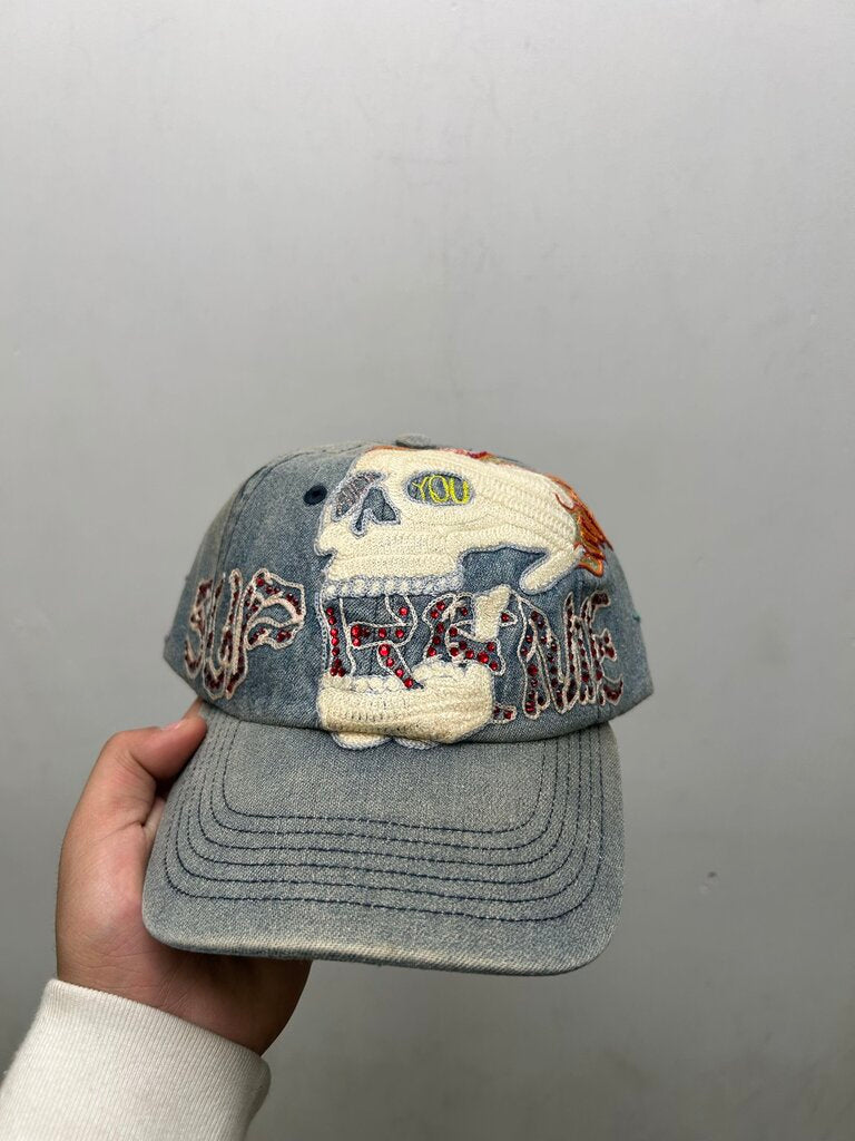 New Supreme Skull Rhinestone Denim Hat