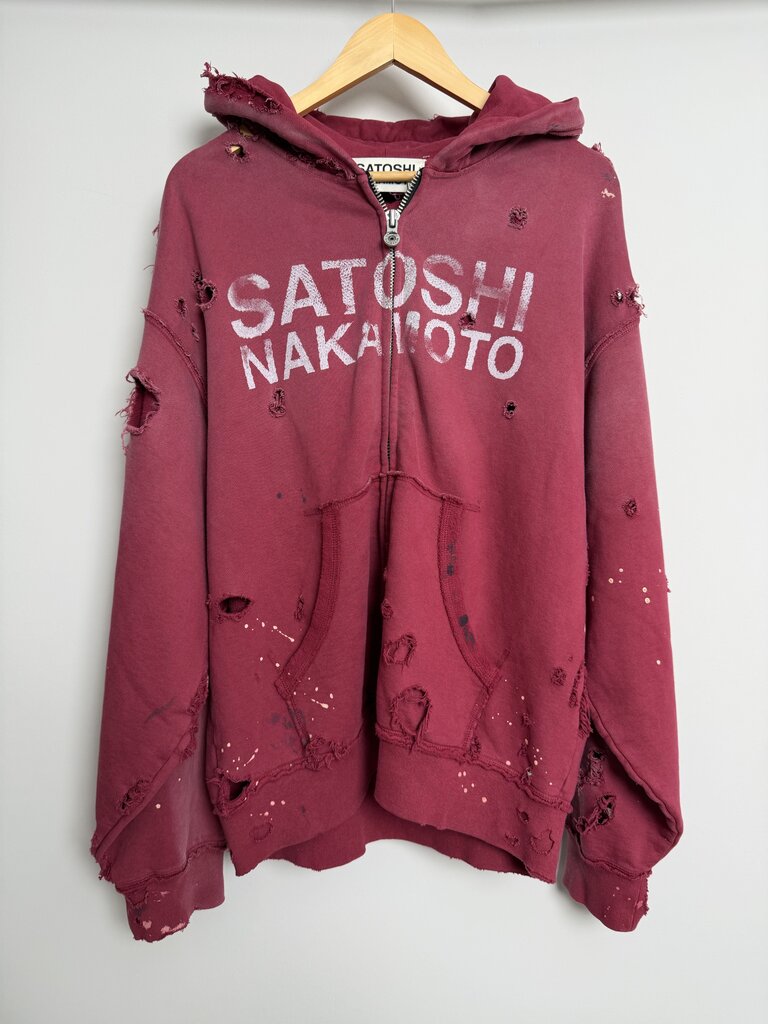 Satoshi Nakamoto Distressed Burgundy Zip Up size S(Fits L/XL)