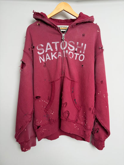 Satoshi Nakamoto Distressed Burgundy Zip Up size S(Fits L/XL)