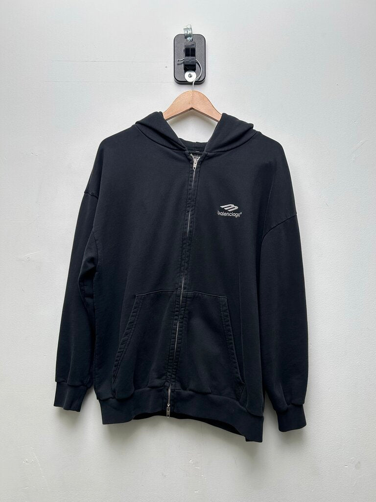 Preowned Balenciaga Black White Sport Logo Zip Up Sz.Small
