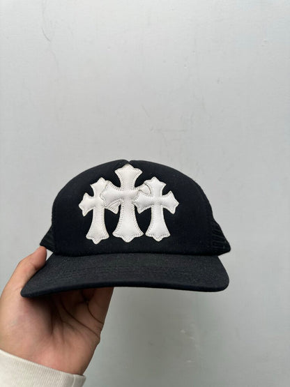 Preowned Chrome Hearts Leather Patch White Cemetery Black Trucker