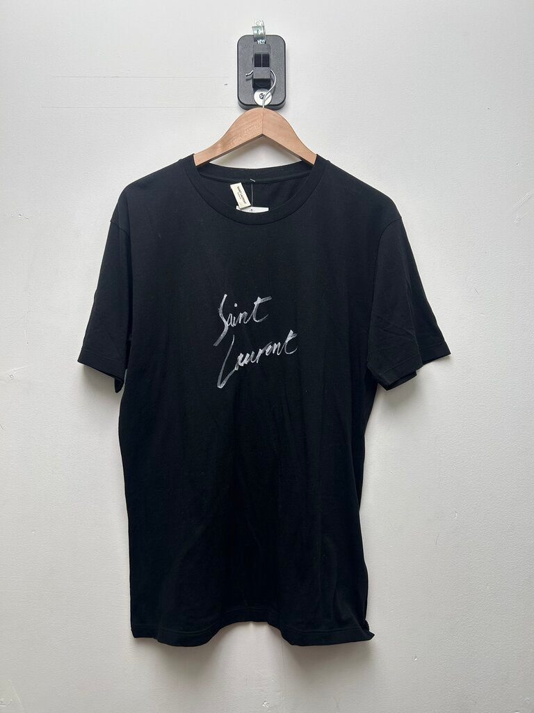 Preowned Saint Laurent Black White Script Logo Tee Sz.XS