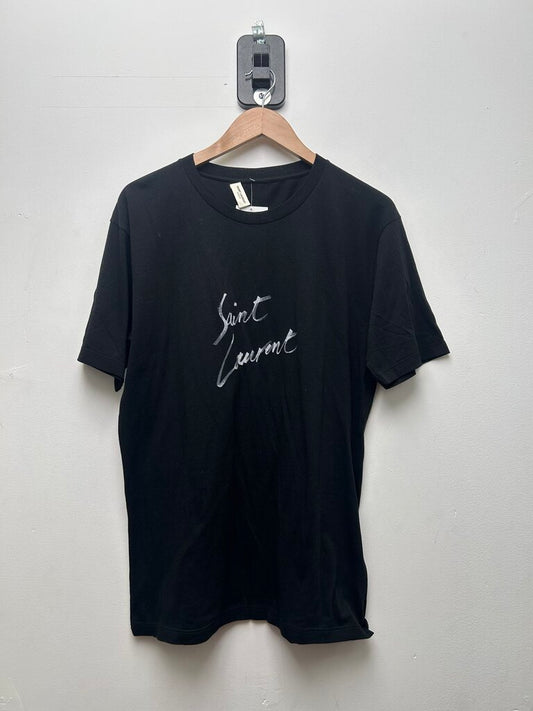 Preowned Saint Laurent Black White Script Logo Tee Sz.XS