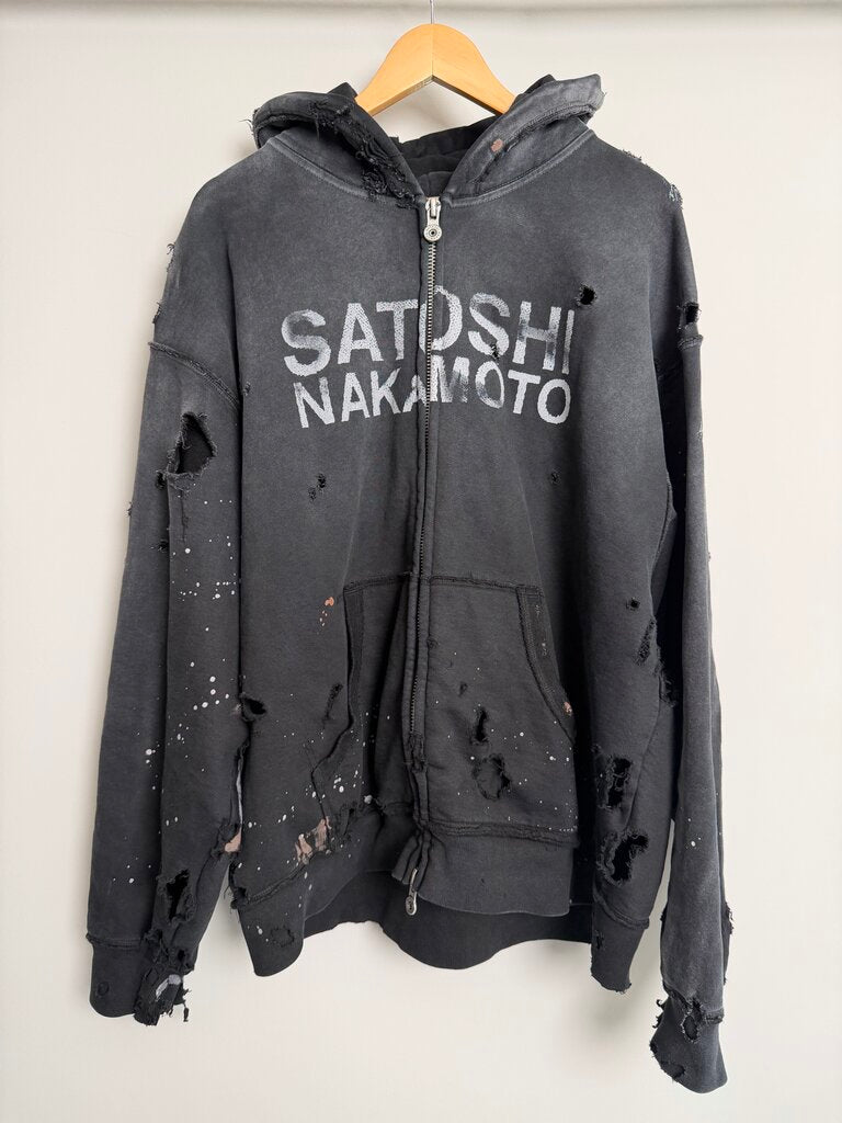 Satoshi Nakamoto Black Distressed Spell Out Black Zip Up Hoodie size XL
