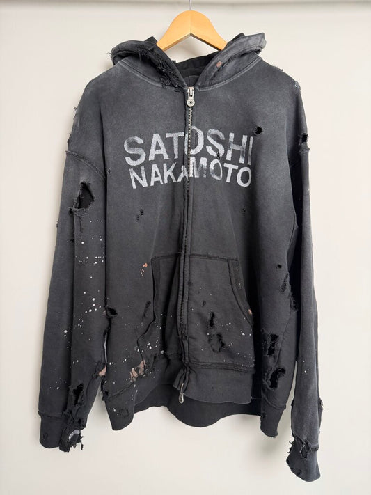 Satoshi Nakamoto Black Distressed Spell Out Black Zip Up Hoodie size XL