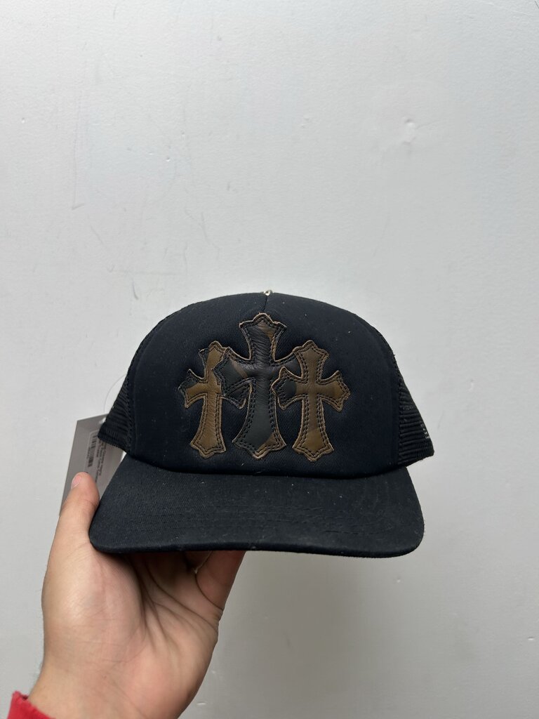 Preowned Chrome Hearts Leather Patch Camo Cemetery Black Trucker