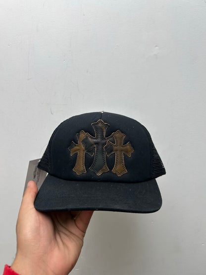 Preowned Chrome Hearts Leather Patch Camo Cemetery Black Trucker
