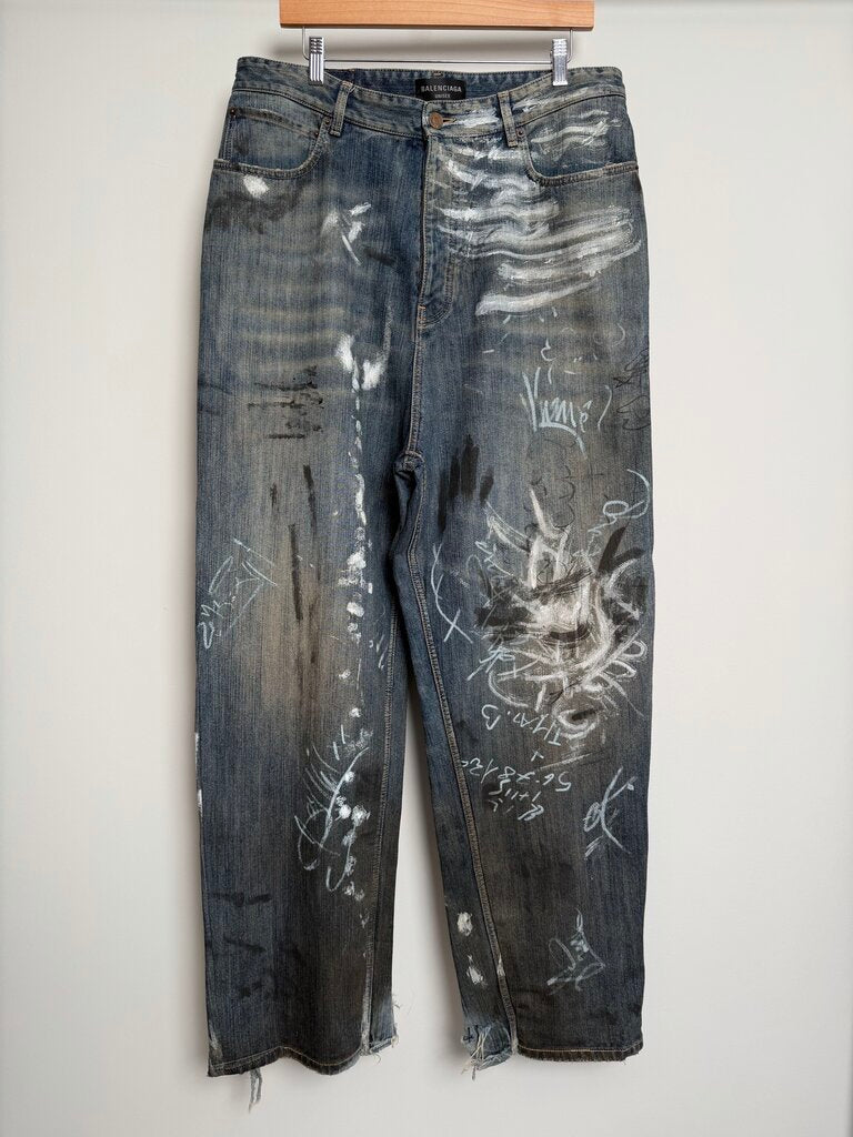 Preowned Balenciaga Graffiti Denim Blue Size M (Fits 36)