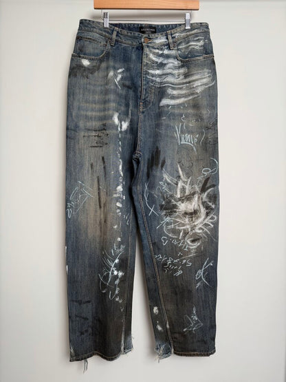 Preowned Balenciaga Graffiti Denim Blue Size M (Fits 36)