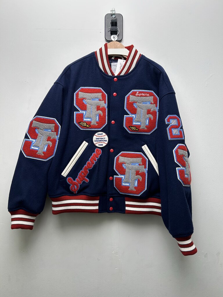 New Supreme Navy Red Drill Team Patch Varsity Jacket Sz.Large
