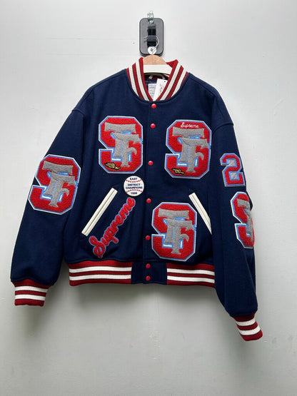 New Supreme Navy Red Drill Team Patch Varsity Jacket Sz.Large