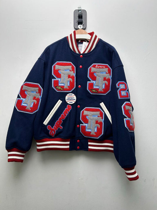 New Supreme Navy Red Drill Team Patch Varsity Jacket Sz.Large